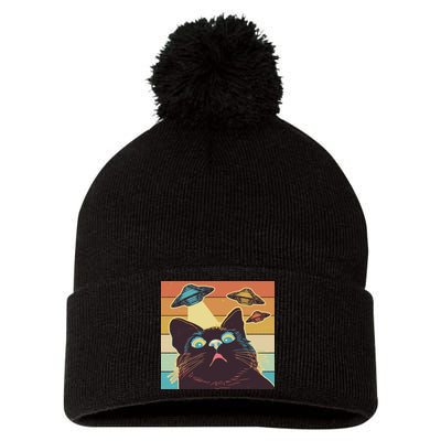 Funny Retro Vintage UFO Cat Pom Pom 12in Knit Beanie