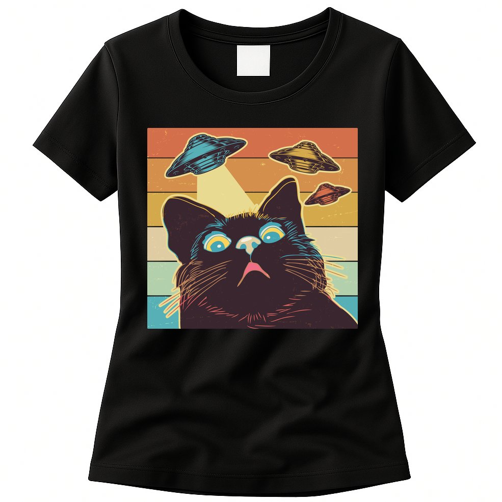 Funny Retro Vintage UFO Cat Womens T-Shirt