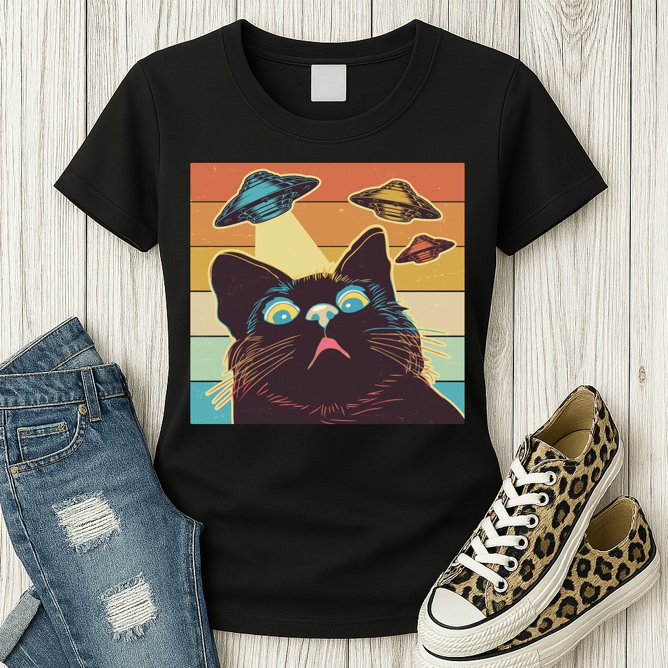 Funny Retro Vintage UFO Cat Womens T-Shirt