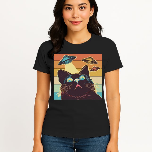 Funny Retro Vintage UFO Cat Womens T-Shirt