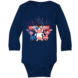 Funny Red White Blue Cow American Flag Farmer 4th Of July Gift Baby Long Sleeve Bodysuit