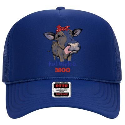 Funny Red White And Moo Cow Usa Flag 4th July Patriotic Gift High Crown Mesh Back Trucker Hat