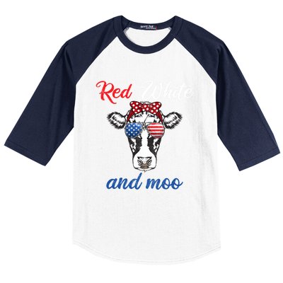 Funny Red White And Moo 4th Of July Usa Patriotic Cow Gift Baseball Sleeve Shirt