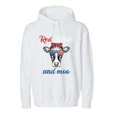 Funny Red White And Moo 4th Of July Usa Patriotic Cow Gift Garment-Dyed Fleece Hoodie