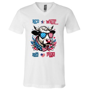 Funny Red White And Moo Patriotic Cow Usa Flag For 4th Of July V-Neck T-Shirt