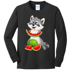 Funny Raccoon Watermelon Melon Summer Tropical Fruit Lovers Kids Long Sleeve Shirt