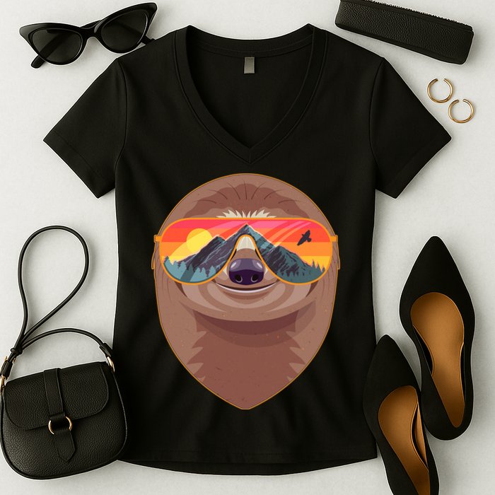 Funny Retro Wilderness Sloth Women's V-Neck T-Shirt