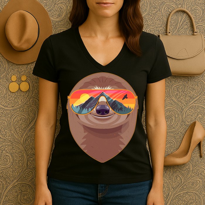 Funny Retro Wilderness Sloth Women's V-Neck T-Shirt