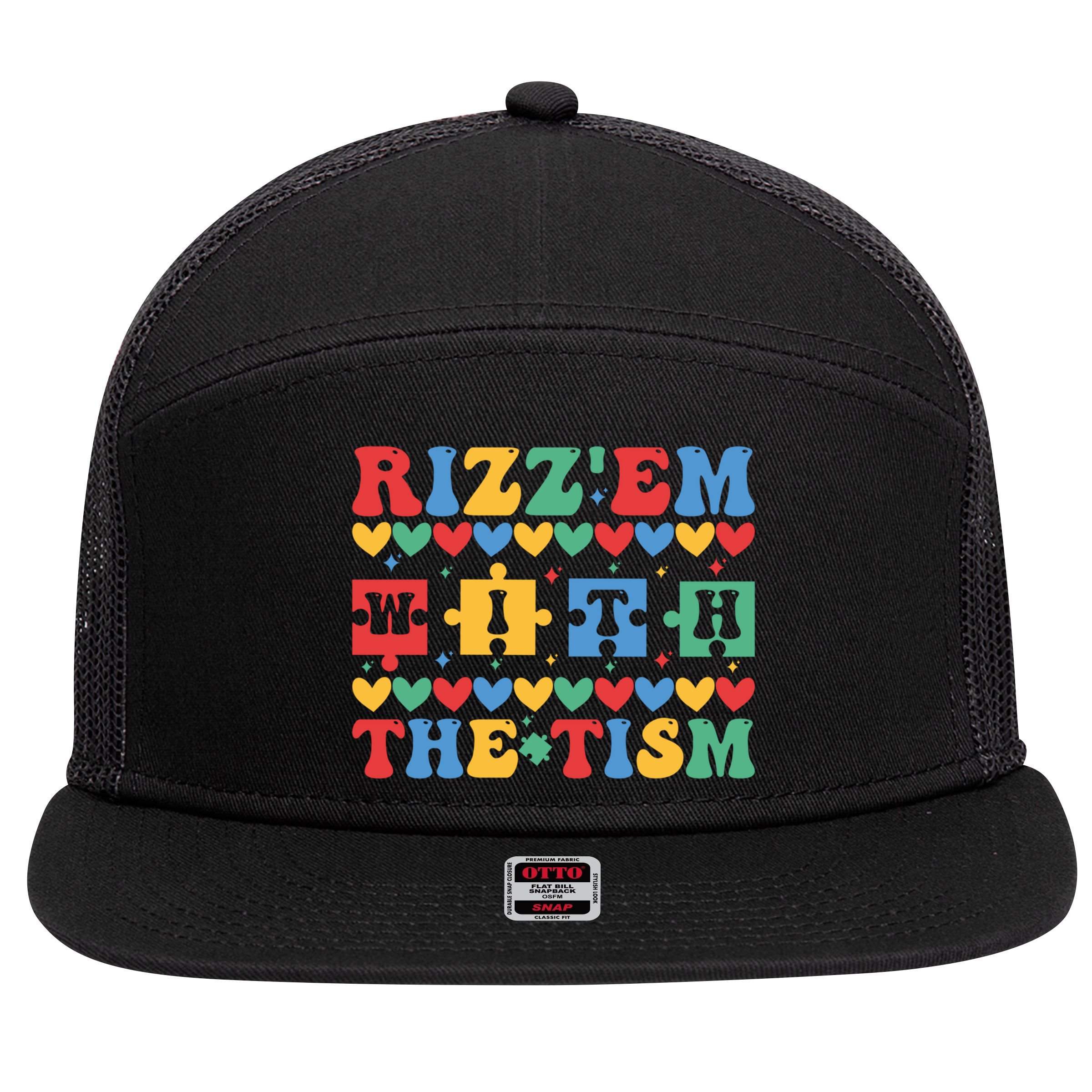 Funny RizzEm With The Tism Autism Awareness Outfit Gift 7 Panel Mesh Trucker Snapback Hat