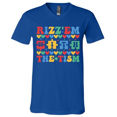 Funny RizzEm With The Tism Autism Awareness Outfit Gift V-Neck T-Shirt