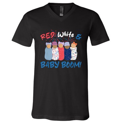 Funny Red White And Baby Boom Happy 4th Of July Nicu Nurse V-Neck T-Shirt