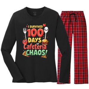 Funny Survived 100 Days Of School Cafeteria Staff Lunch Lady Women's Long Sleeve Flannel Pajama Set 