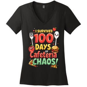 Funny Survived 100 Days Of School Cafeteria Staff Lunch Lady Women's V-Neck T-Shirt