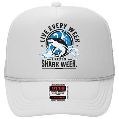 Funny Shark 2024 Week Guess What Week Is It Shark Lover Gift High Crown Mesh Back Trucker Hat