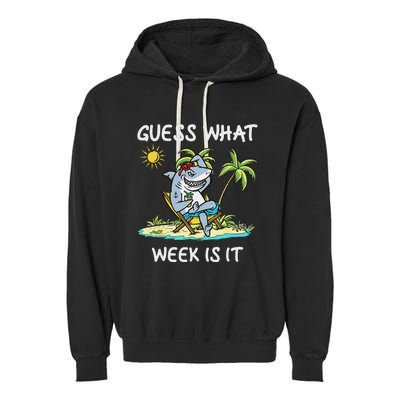 Funny Shark 2024 Week Guess What Week Is It Shark Lover Gift Garment-Dyed Fleece Hoodie