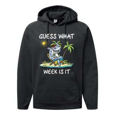 Funny Shark 2024 Week Guess What Week Is It Shark Lover Gift Performance Fleece Hoodie