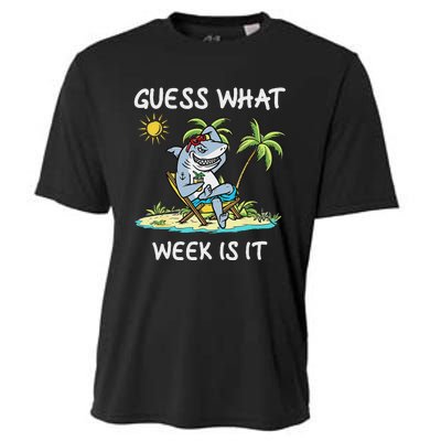 Funny Shark 2024 Week Guess What Week Is It Shark Lover Gift Cooling Performance Crew T-Shirt