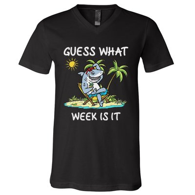 Funny Shark 2024 Week Guess What Week Is It Shark Lover Gift V-Neck T-Shirt