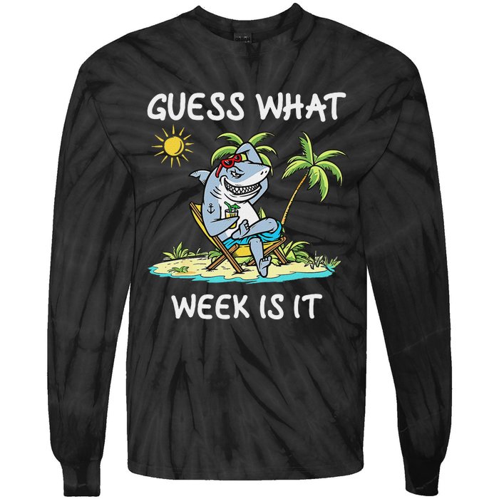 Funny Shark 2024 Week Guess What Week Is It Shark Lover Gift Tie-Dye Long Sleeve Shirt