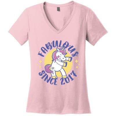 Fabulous Since 2017 Unicorn Cute Birthday Women's V-Neck T-Shirt