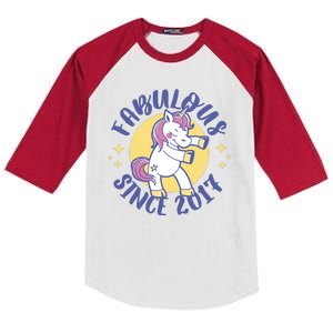 Fabulous Since 2017 Unicorn Cute Birthday Kids Colorblock Raglan Jersey