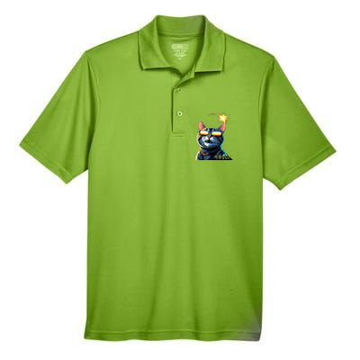 Funny Solar 2024 Eclipse Cat Wearing Eclipse Glasses Men's Origin Performance Piqué Polo