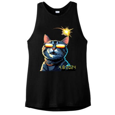 Funny Solar 2024 Eclipse Cat Wearing Eclipse Glasses Ladies PosiCharge Tri-Blend Wicking Tank