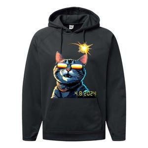 Funny Solar 2024 Eclipse Cat Wearing Eclipse Glasses Performance Fleece Hoodie