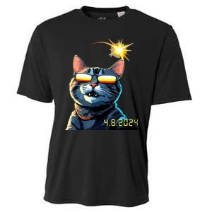 Funny Solar 2024 Eclipse Cat Wearing Eclipse Glasses Cooling Performance Crew T-Shirt