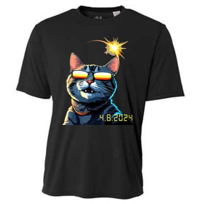 Funny Solar 2024 Eclipse Cat Wearing Eclipse Glasses Cooling Performance Crew T-Shirt