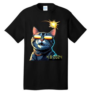 Funny Solar 2024 Eclipse Cat Wearing Eclipse Glasses Tall T-Shirt