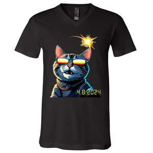 Funny Solar 2024 Eclipse Cat Wearing Eclipse Glasses V-Neck T-Shirt