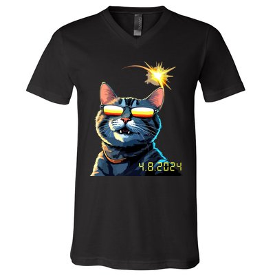 Funny Solar 2024 Eclipse Cat Wearing Eclipse Glasses V-Neck T-Shirt