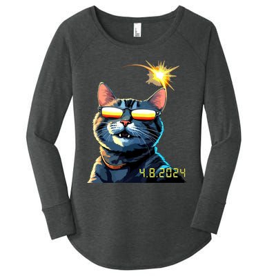 Funny Solar 2024 Eclipse Cat Wearing Eclipse Glasses Women's Perfect Tri Tunic Long Sleeve Shirt