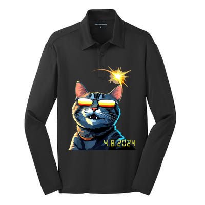 Funny Solar 2024 Eclipse Cat Wearing Eclipse Glasses Silk Touch Performance Long Sleeve Polo