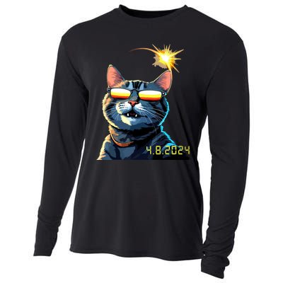 Funny Solar 2024 Eclipse Cat Wearing Eclipse Glasses Cooling Performance Long Sleeve Crew