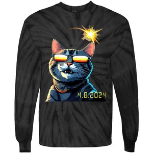 Funny Solar 2024 Eclipse Cat Wearing Eclipse Glasses Tie-Dye Long Sleeve Shirt