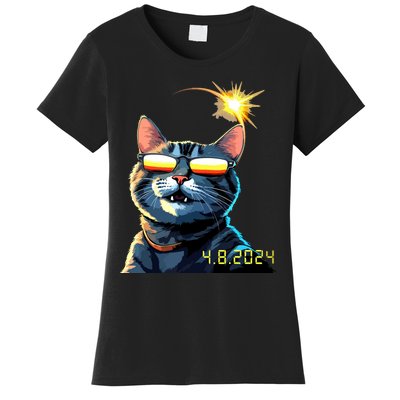 Funny Solar 2024 Eclipse Cat Wearing Eclipse Glasses Women's T-Shirt