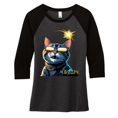 Funny Solar 2024 Eclipse Cat Wearing Eclipse Glasses Women's Tri-Blend 3/4-Sleeve Raglan Shirt