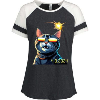 Funny Solar 2024 Eclipse Cat Wearing Eclipse Glasses Enza Ladies Jersey Colorblock Tee