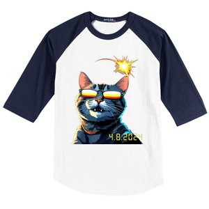 Funny Solar 2024 Eclipse Cat Wearing Eclipse Glasses Baseball Sleeve Shirt