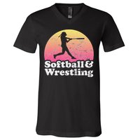 Funny Softball and Wrestling  or Girls Wrestler  V-Neck T-Shirt