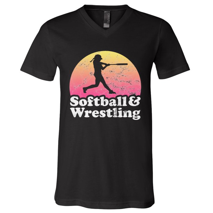 Funny Softball and Wrestling  or Girls Wrestler  V-Neck T-Shirt