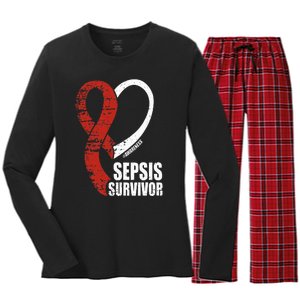 Family Sepsis Awareness Red Ribbon September Sepsis Survivor Women's Long Sleeve Flannel Pajama Set 