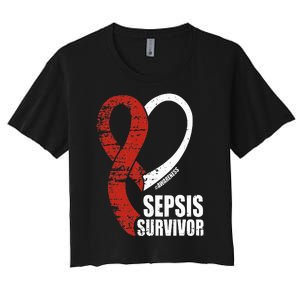 Family Sepsis Awareness Red Ribbon September Sepsis Survivor Women's Crop Top Tee