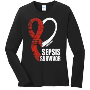 Family Sepsis Awareness Red Ribbon September Sepsis Survivor Ladies Long Sleeve Shirt