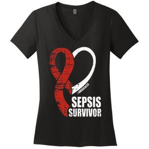 Family Sepsis Awareness Red Ribbon September Sepsis Survivor Women's V-Neck T-Shirt