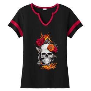 Flaming Skull And Roses Ladies Halftime Notch Neck Tee