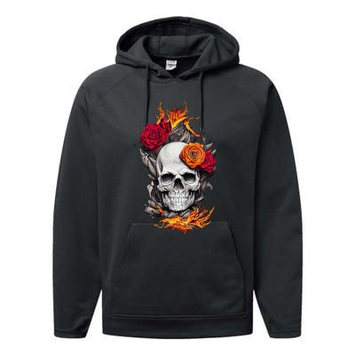 Flaming Skull And Roses Performance Fleece Hoodie