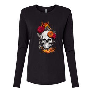 Flaming Skull And Roses Womens Cotton Relaxed Long Sleeve T-Shirt